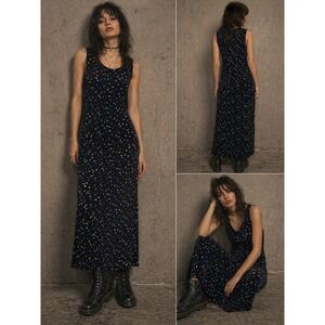90s Grunge‎ Cottagecore Spago Floral Rayon Maxi Dress Size 8 S/M Navy Blue